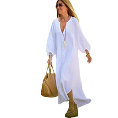 Cyflymder  Summer Woman Dress White Elegant Women's Patchwork Long Sleeve Irregular Hem Maxi Dress V Neck Loose Fit Linen Look Casual Dress