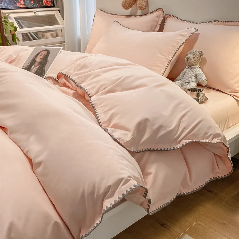 Cyflymder  Solid Color Bedding Set with Shell Edges Skin Friendly Simple Soft Duvet Cover Kit Cozy Fitted Sheet Set for Autumn Winter