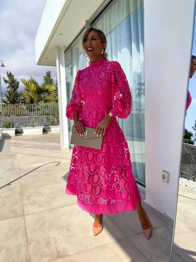 Cyflymder  Dresses for Women Wholesale Sexy Long Sleeved Stand Up Collar and Large Swing Lace Trim New  Fall Elegant Fashion Dress