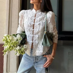 Cyflymder  Women Lace Crochet Full Sleeve Blouses Retro Chinese Hollow Out Waist Shirt Summer Lady Office Highstreet Tops