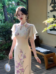 Cyflymder  Chinese Style Improved Cheongsam Spring Summer New Retro Hollow Out Temperament Dress Short Sleeve Slim Qipao Dresses
