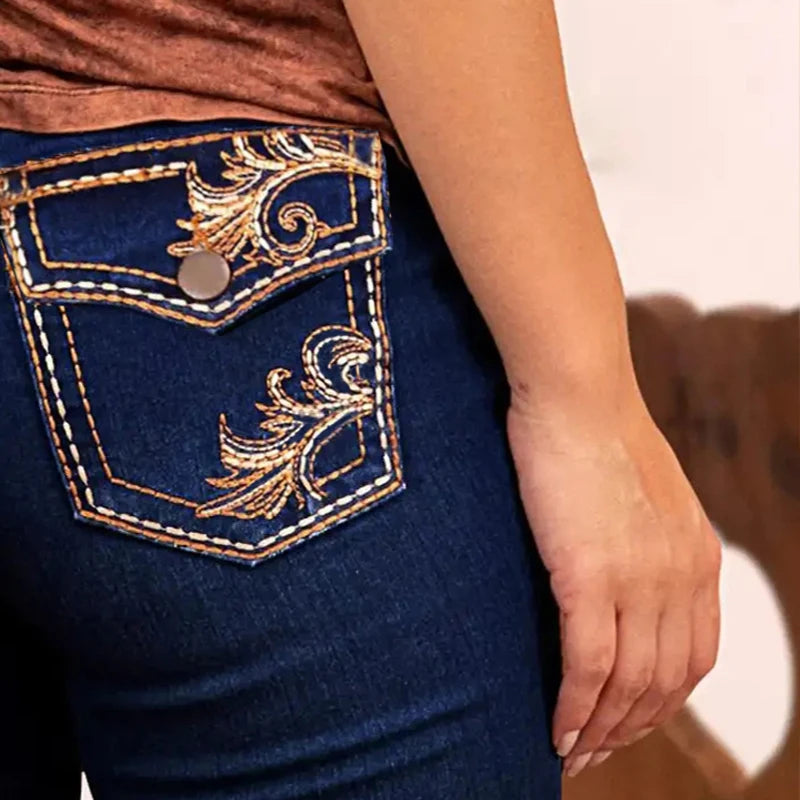 Cyflymder  [Classy Cowgirl Jeans] Women's High-waist Stretch Flare Jeans, Elegant Slim Fit, Embroidered Flora and Paisley Bell Bottoms