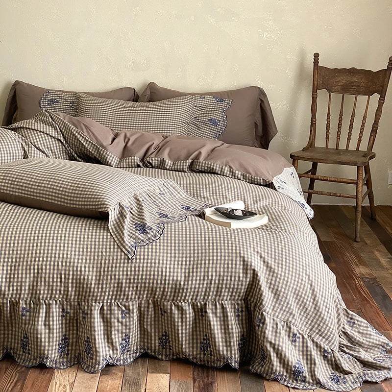 Cyflymder  Flowers Embroidery Ruffles Plaid Bedding Set Double Layer Crepe Yarn Pure Cotton Duvet Cover Flat/Fitted Bed Sheet Pillowcases