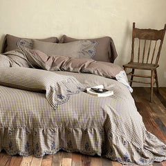 Cyflymder  Flowers Embroidery Ruffles Plaid Bedding Set Double Layer Crepe Yarn Pure Cotton Duvet Cover Flat/Fitted Bed Sheet Pillowcases