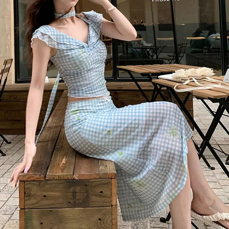 Cyflymder  Sweet Style, Off-shoulder Strap, One-shoulder Top, Plaid Skirt, Women's Korean Casual Summer Suit