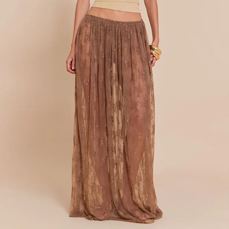 Cyflymder  Coquette Grunge Sheer Lace Maxi Skirt Built-in Thongs Design Low Elastic Waist Flowy Skirt Elegant Lady Grunge See-Through Skirt