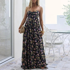 Cyflymder  Elegant Pattern Print Draped Party Dress Strapless Backless Hight Waist Summer Dress Lady Sexy Sleeveless Sweet Style Long Dress