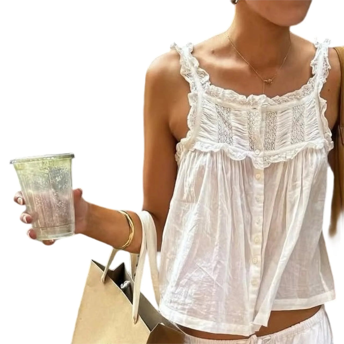 Cyflymder  Women s Sleeveless Lace Patchwork Tank Top with Button Detail and Casual Aesthetic Streetwear Style for Summer Wear