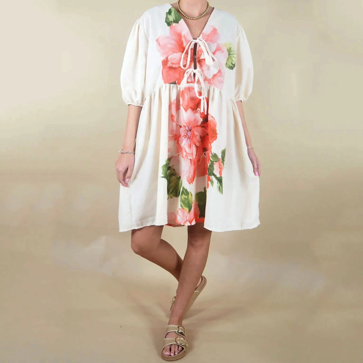 Cyflymder  Women's Summer A-Line Dress Floral Print Short Puff Sleeve Tie Front V-Neck Loose Fit Shirt Babydoll Dress Holiday Beach