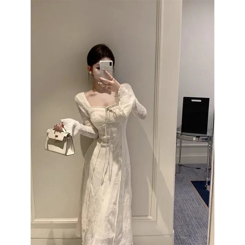 Cyflymder  BowJacquard Square Collar Flare Sleeve Dress Women's Autumn/Winter Waist-Fitted Slimming New Chinese Style Soft Long Dress