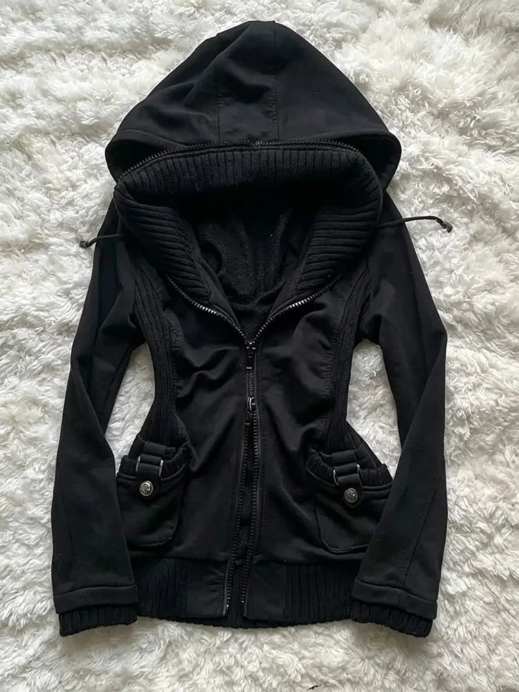 Cyflymder  Y2K Gothic Women's Double Zipper Hoodie Coat Side Buckle Waist Slimming Long Sleeve Hoodie Sports Street Style Coat Punk