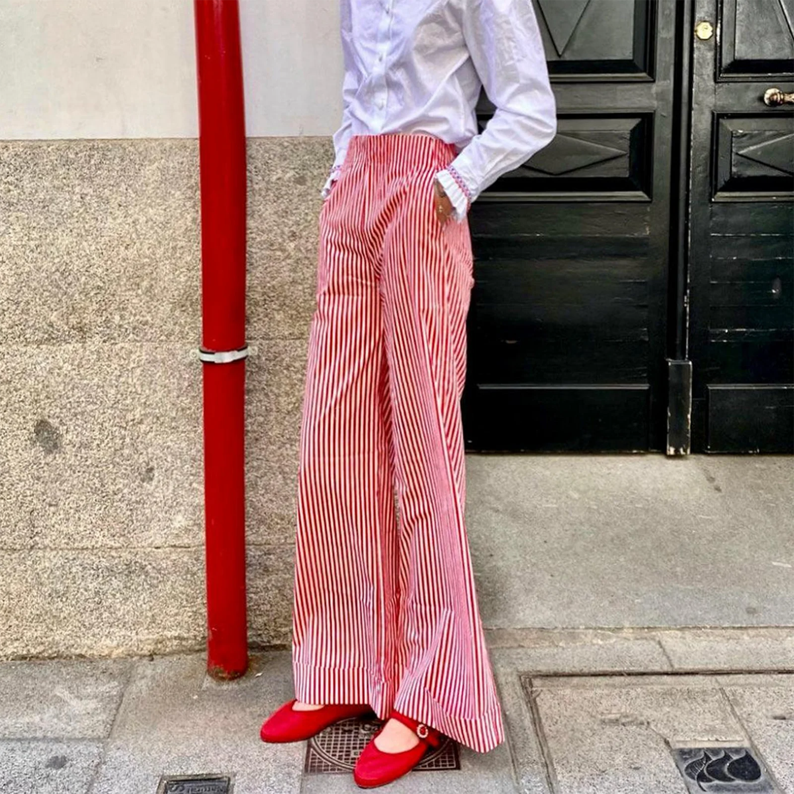 Cyflymder  Women's Striped Print Loose Wide Leg Trousers Summer Fall Casual High Waist Loose Fit Long Pants with Pockets for Streetwear