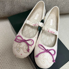 Cyflymder  Cute Rabbit Motif Round Toe Bow Mary Jane Flat Women Shoes Slip On Ballet Daily Dating Holiday Casual Party Dress Footwear