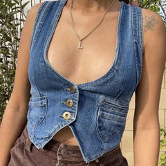 Cyflymder  Women's Y2K Vintage Denim Vest Sleeveless V Neck Button Down Irregular Hem Outwear Gilet with Pockets Streetwear