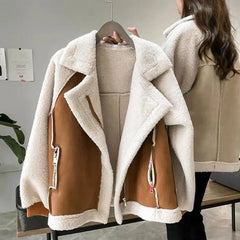 Cyflymder aspen outfits winter  Fall Winter Women Jacket Thick Heat Retention Loose Women Coat Turn-down Collar Long Sleeves Lambswool Windproof Coat