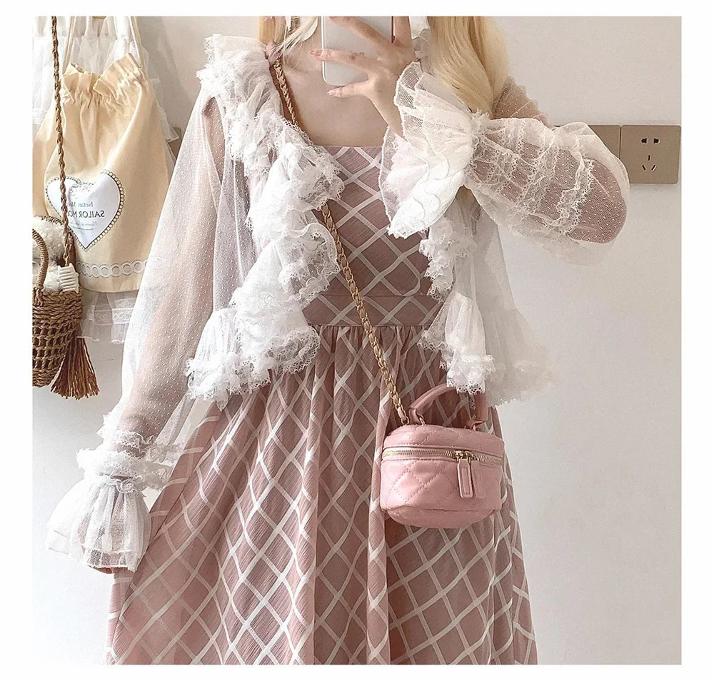 Cyflymder  See Through Long Sleeve Japanese Shrugs Autumn Mesh Ruffle Sweet Cropped Jacket Thin Air Conditioning Shirt Short Sun Protection