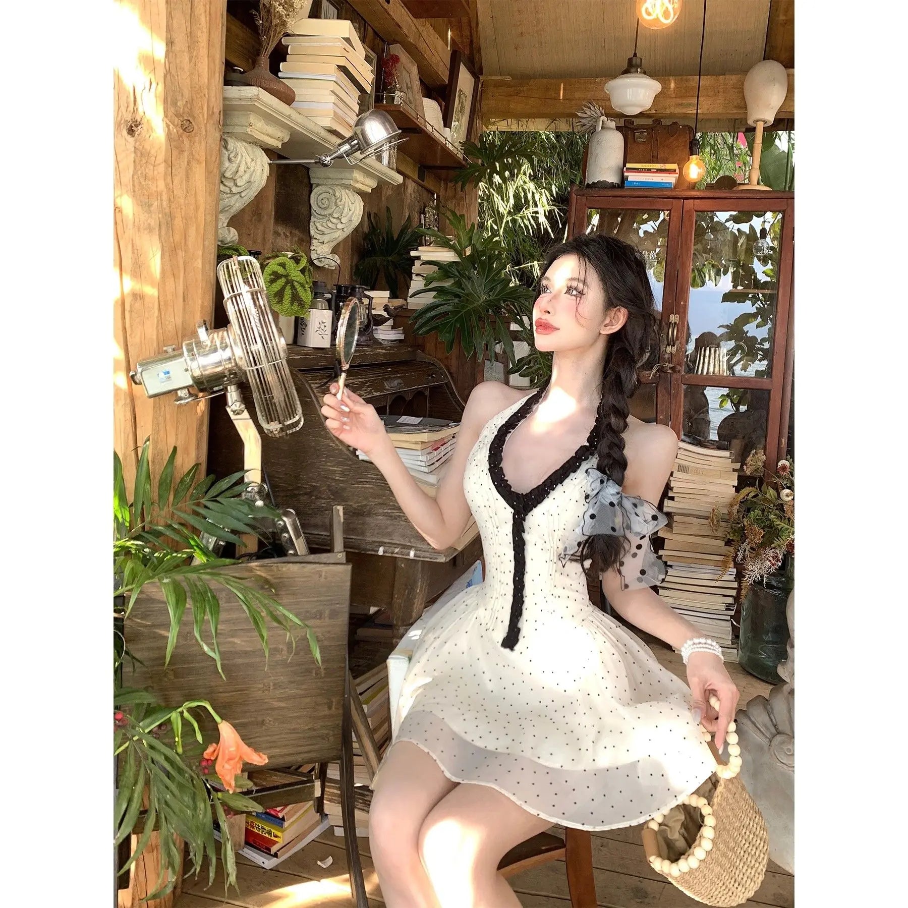 Cyflymder  2025 New High Niche Sexy Polka Dot Neck Dress Women Summer New Design Sense Covering Flesh Slimming, A-line Dresses