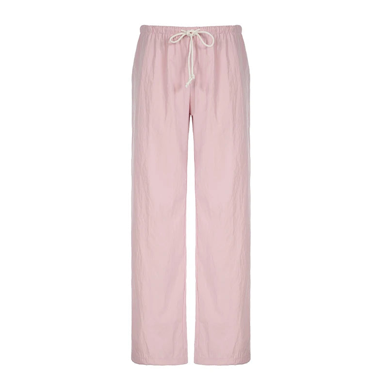 Cyflymder  Casual Homewear Pink Drawstring Pants Women Fashion Straight Leg Full Length All Match Trousers New Bottoms Trend