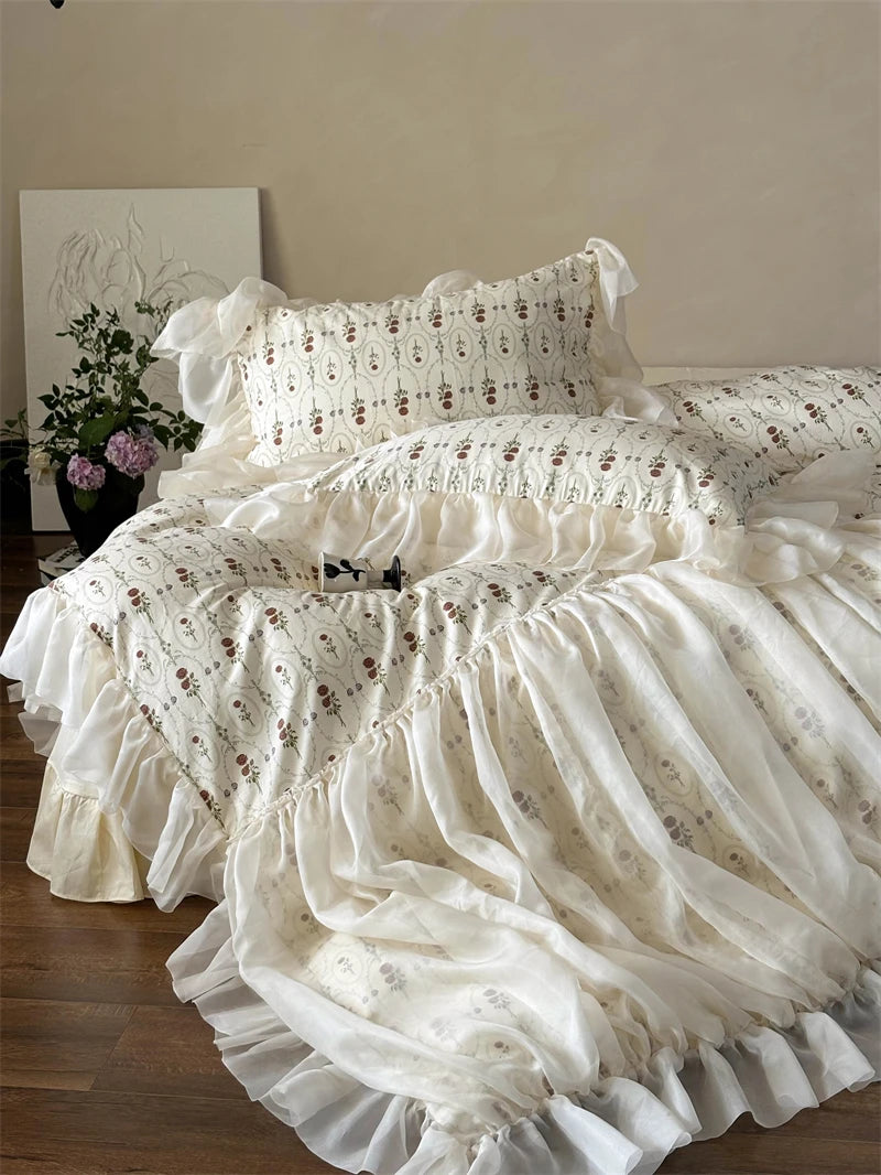 Cyflymder  4Pcs Vintage French Pure Cotton Rose Print Pleated Lace Ruffles Bedding Set Queen King Size Duvet Cover Set Bed Sheet Pillowcase