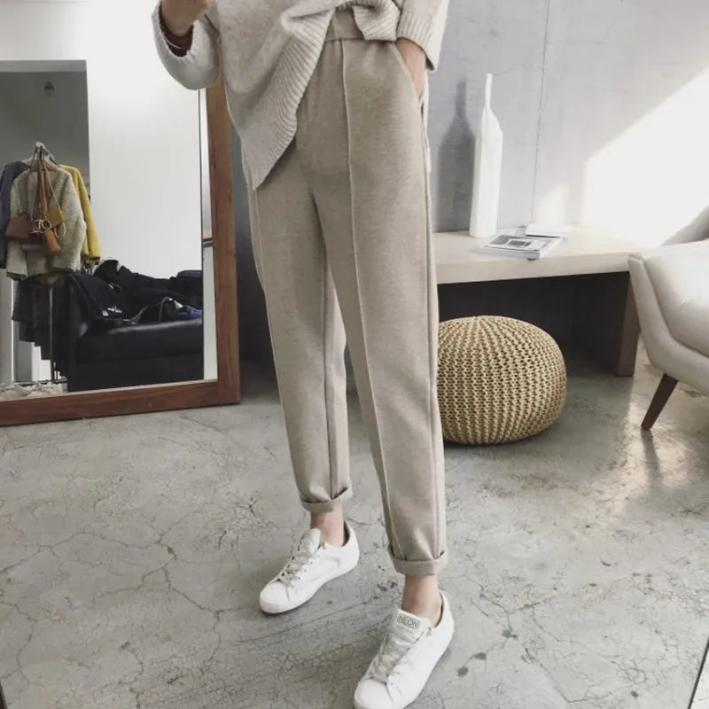 Cyflymder Woolen Pants Women's Harem Pencil Pants Autumn Winter High Waist Casual Pantalones Beige Black Office Lady Women Trousers