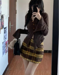 Cyflymder trashy outfits Two Piece Sets Womens Skirt Outfits Roupas Femme Slim Waist Vintage Knitted Sweater High Waist Plaid Bodycon Mini Skirt Set