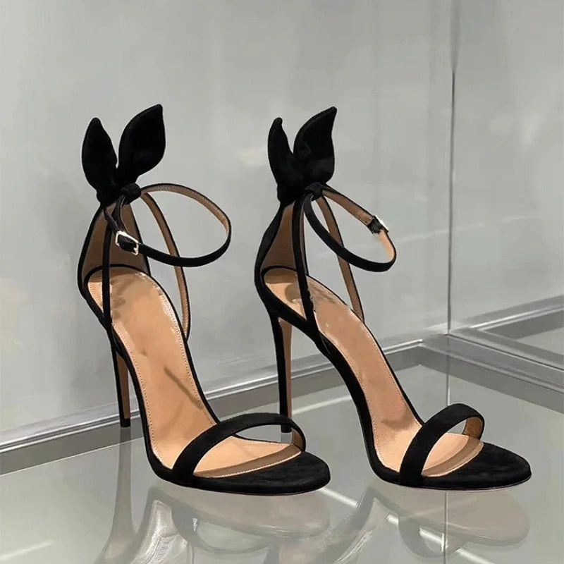 Cyflymder  Summer Women Sexy Bunny Ear Sandals, Black Bow Summer New Open Toe Sexy Line Belt Party Heels, Women's Shoes
