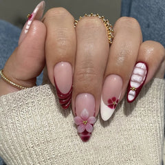 Cyflymder  24Pcs French White Lace Nails Set Press on Bow Flower Pearl Full Cover Fake Nails Tips Mid-length Almond Detachable False Nails