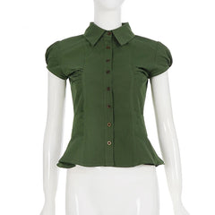 Cyflymder  Vintage Green Turn-Down Collar Puff Sleeves Blouse Elegant Single Breasted Slimming All Match Woven Tops Women' s Casual Shirts