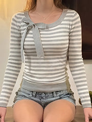 Cyflymder   Color Block Striped Bow Women Tops O Neck Long Sleeve Slim Fit Sweet Simple T-shirts Fashion Streetwear Summer Casual Tee