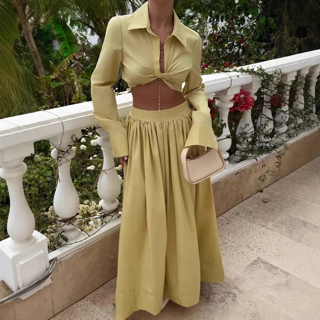 Cyflymder  European/American Style Turned Collar, Flared Sleeve Short Top and Skirt Set - African High-end Stylish New Two-piece Set