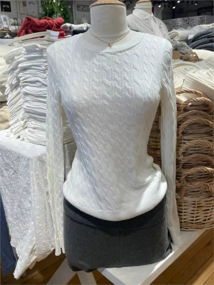 Cyflymder  Twist Knitted Crop Tops Women Autumn Beige Casual Square Neck Slim Long Sleeve Pullover Sweet Cute Preppy Style Chic Sweaters
