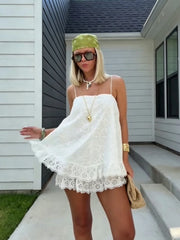 Cyflymder  Thin Strap Square Neck Loose Mini Skirt Hollow Cutout Pattern Double Ruffle Hem Dress Lady's Dating Vacation Casual Streeewear
