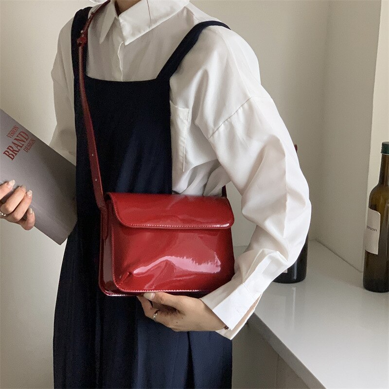 Cyflymder Vintage Red Square Shoulder Bag for Women Patent Leather Ladies Messenger Bags Clutch Purse Solid Color Female Fashion Handbags