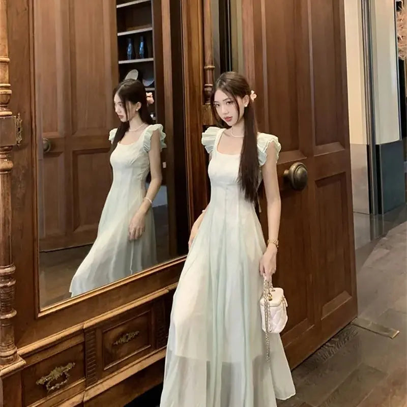 Cyflymder  Dresses Women Gradient Flying Sleeve Ruffles Bandage French Style Sweet Elegant Summer Fashion Dress Party Female