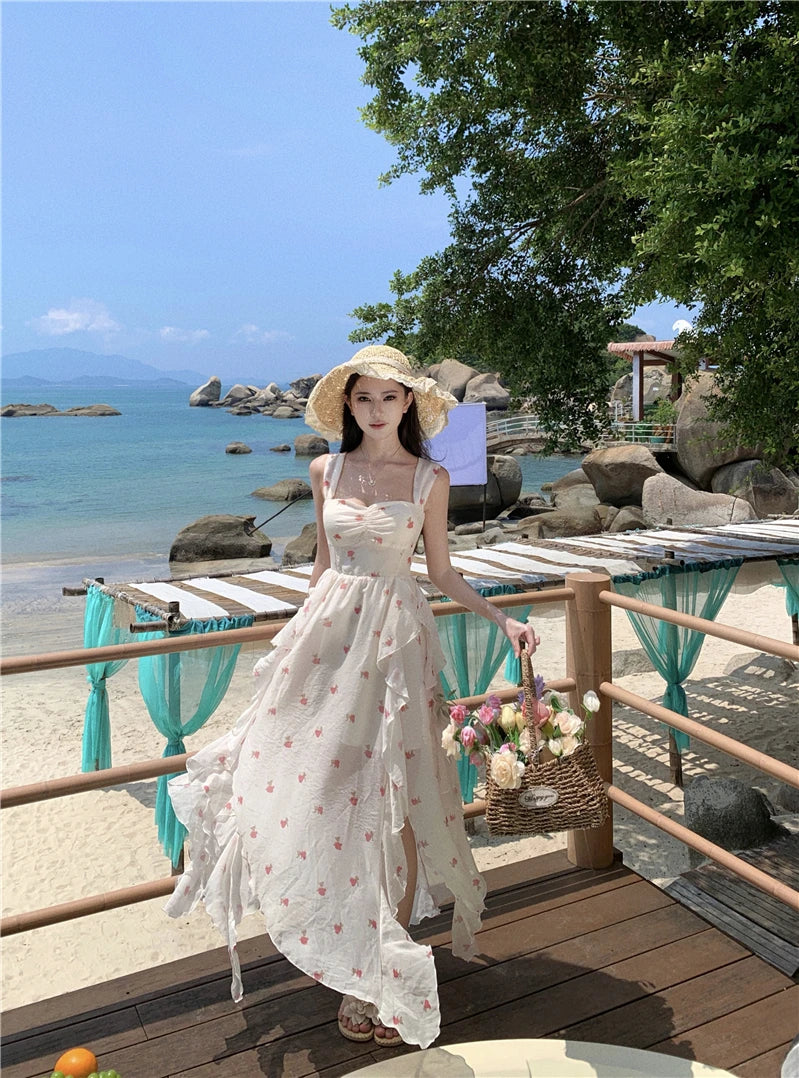 Cyflymder  Print Floral Sweet Irregular Fairy Dress Sleeveless Backless Ruffles Slip Dress Vintage Casual Sundress Holiday Beach Long Dress