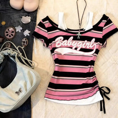 Cyflymder  Woman Clothes T-shirt Y2k Fake 2Piece Slim Goth Punk Vintage Streetwear Stripe Backless Print Crop Top Harajuku Summer 90s Chic