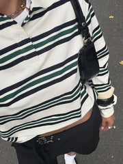Cyflymder  Loose Fits Casual Street Sle T-irt  Collar Contrast Color Versatile Lazy Sli Top American Retro Striped