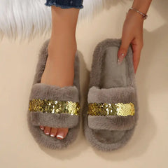 Cyflymder  Fashion Gold Glitter Faux Fur Indoor Slippers Women Winter Comfortable Flat Heel Furry Home Slippers Women's Warm Plush Slides