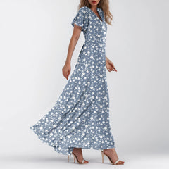 Cyflymder  Women V-neck Ruffle Short Sleeve Maxi Dress Waist Tight High-waist Hem Sweet Floral Print Elegant Dress Female Clothing Vestidos