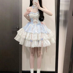 Cyflymder  Kawaii Lovely Slash Neck Slim Lolita Dress Women Design Sweet Bow Off Shoulder Sling Dresses Fluffy Cute Fairy New Clothing 2026