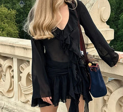 Cyflymder  Vacation Style Design Personalized Ruffle Edge Shirt and Skirt Two-piece Set