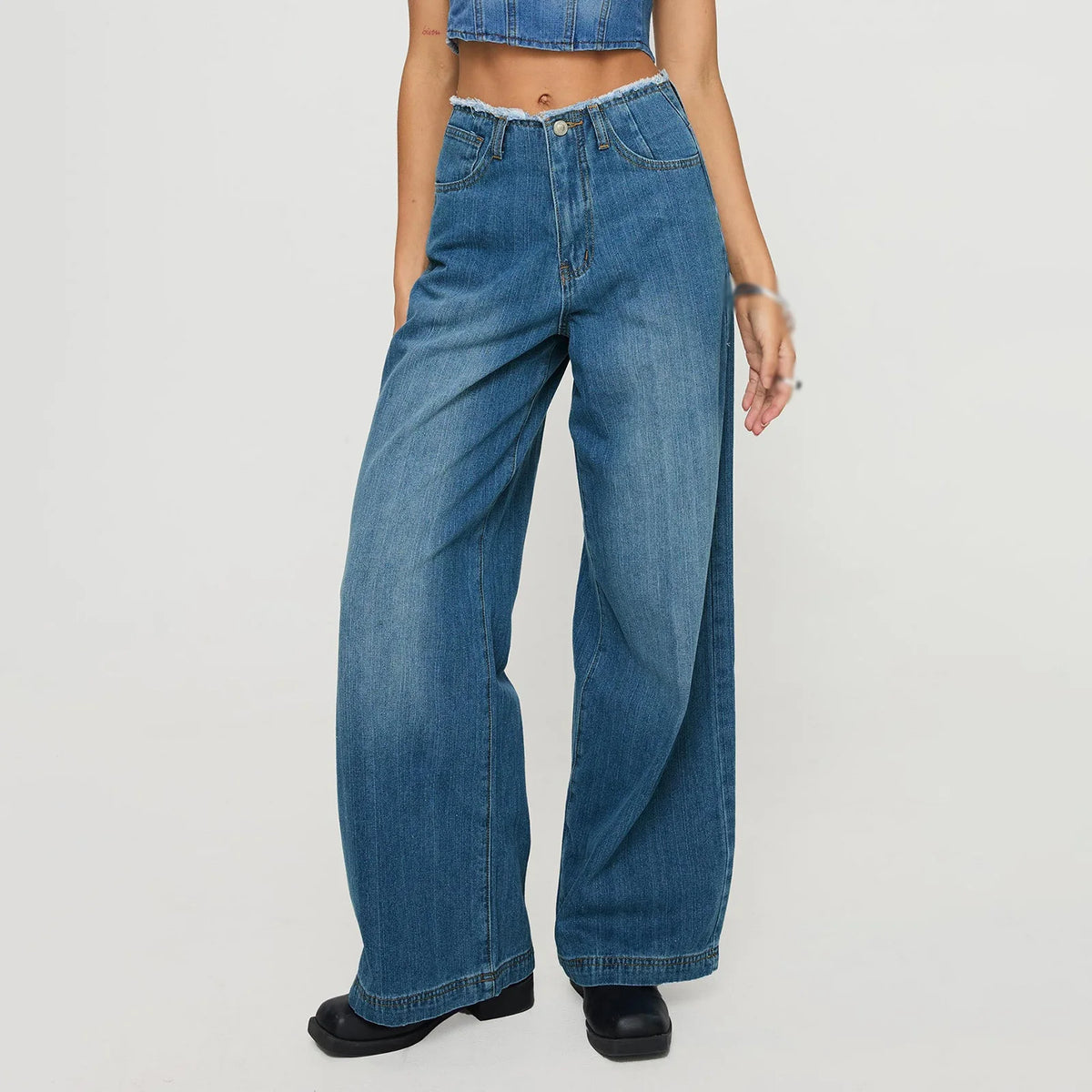Cyflymder  Women's Spring Summer Jeans with Pockets Fashion Loose Fit Casual Solid Low Rise Wide Leg Denim Pants Vintage Streetwear