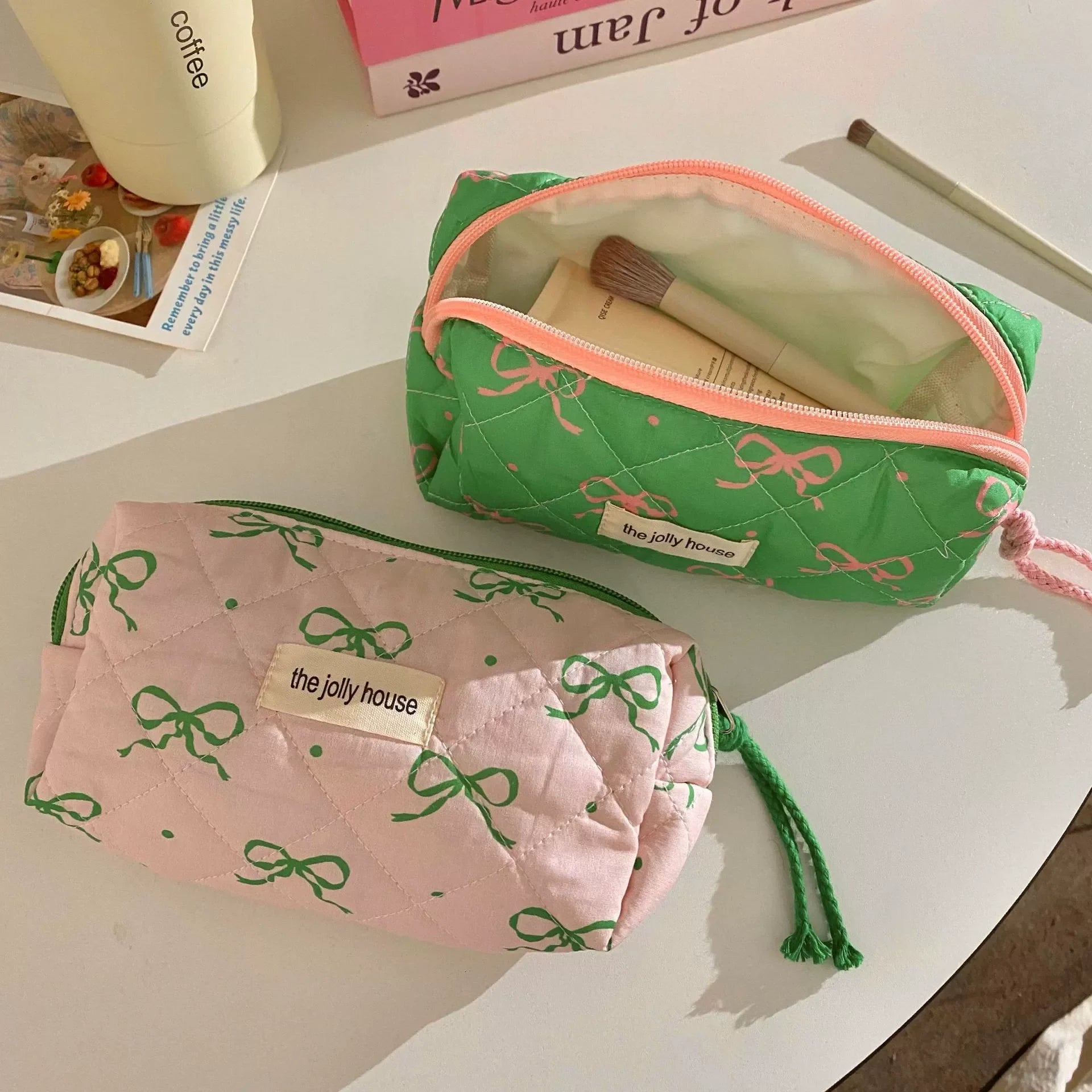 Cyflymder  1 Pc Korean Fashion Bow Pencil Case for Kids Girl Coffee Pink Green Color Dot Bow Stationery Bag Large Capacity Pen Storage Bag
