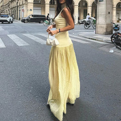 Cyflymder  Summer Sleeveless Tank Maxi Dress Spring Casual Turtleneck Patchwork Mesh Dress Women Sexy Polka Dot Print Loose Long Dress