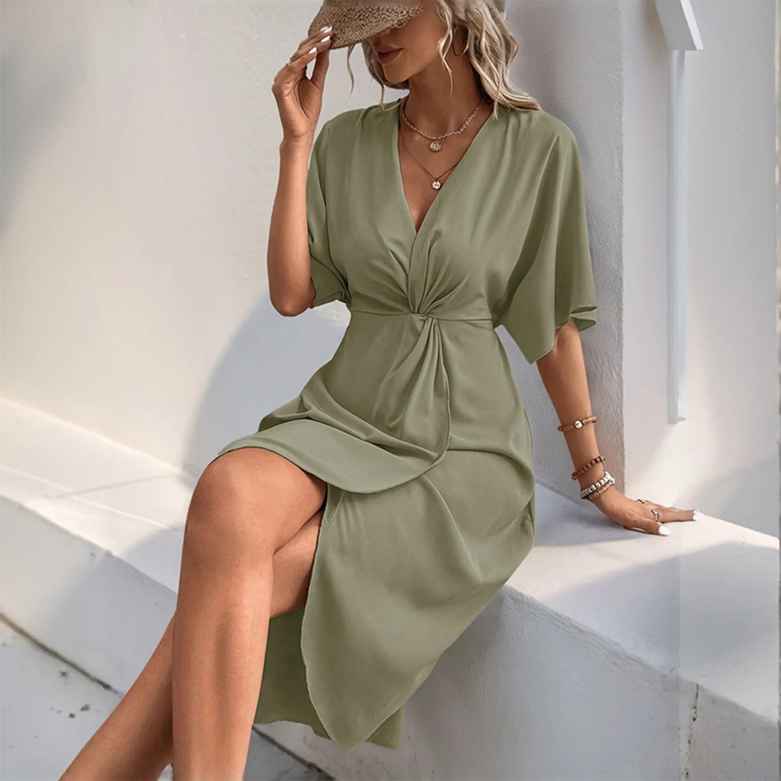 Cyflymder  V-neck Irregular Pleated Casual Temperament Short Sleeve Dresses Temperament Commuter Wrap Type Kinky V-neck Dresses ropa mujer