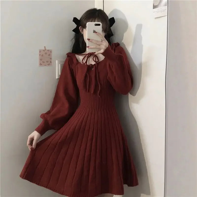 Cyflymder Sweet Knitted Dress Women Autumn Winter Elegant Dress Female Red French Style Party Dress Clothes Lady