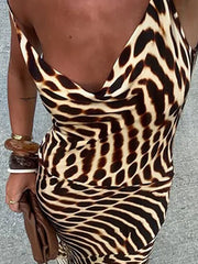 Cyflymder  Lady Casual Holiday Beach Bohemian Dress Vintage Leopard Print Slim Straps Long Dress Spring Summer V Neck Sleeveless Maxi Dress
