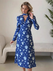 Cyflymder  Street Floral Print Maxi Dress Women v-Neck Ribbon Long Sleeve Folds Elegant Daily Autumn Trend Chic Prom Party Vestidos