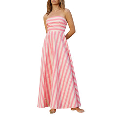Cyflymder  Summer Classic Striped Strapless A-Line Party Dress for Cocktail Party Beach Streetwear Women's Off-Shoulder Tube Long Dress