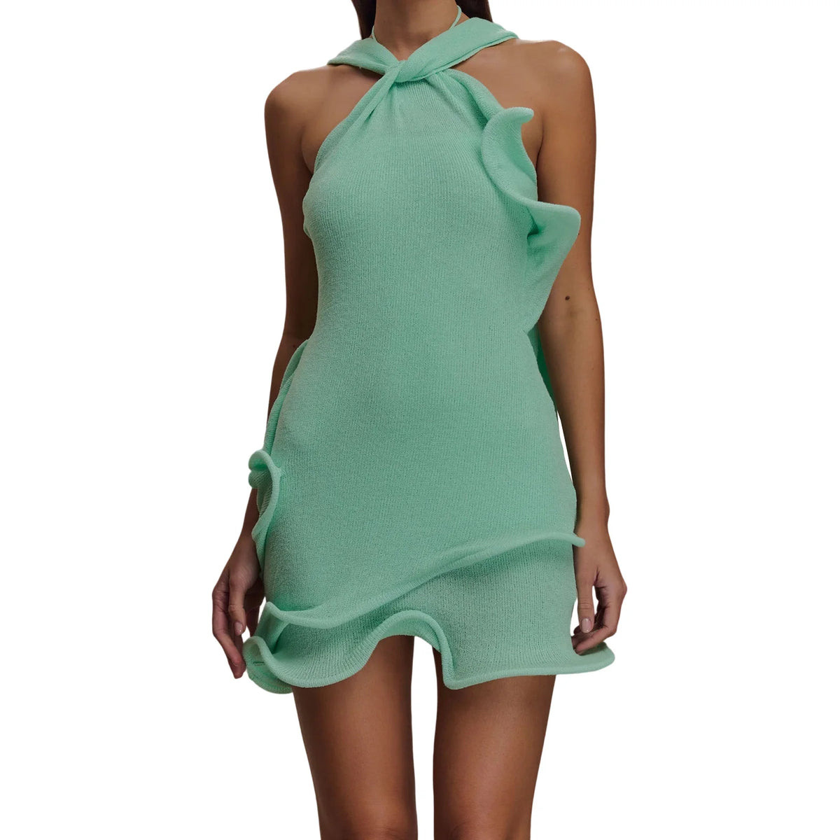 Cyflymder  y2k Mini Dress Women Summer Solid Color Sleeveless Halter Neck Knitted Ruffle Hem Dress Beach Party Dresses Streetwear